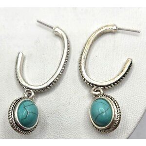 Monet  Silver Tone Hoop Earrings With Turquoise Colored  Stone & Textured Detail